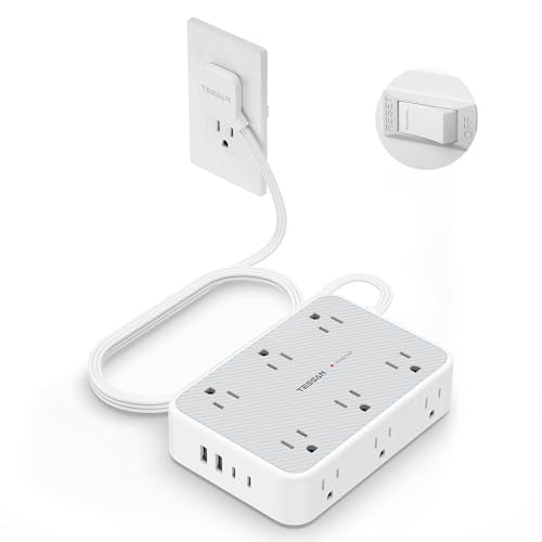 TESSAN Surge Protector Power Strip, 10FT Flat Extension Cord | 12 Outlet Extender with 4 USB (2 USB-C), Flat Plug Power Strip, 1800J Surge Protection, Office, Dorm Essentials, Gray - size: 10 FT