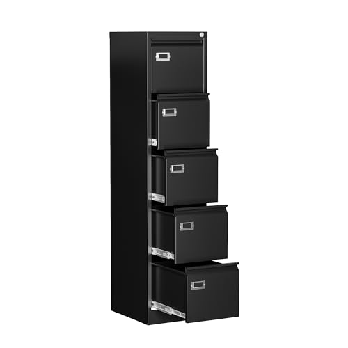 5 Drawer File Cabinet, Filing Cabinets for Home Office, Vertical File Cabinet with Lock, 61.6" H Locking File Cabinet for A4 Legal/Letter, Assembly Required (Black) - color: Black, size: 5 Drawer (Stationary)
