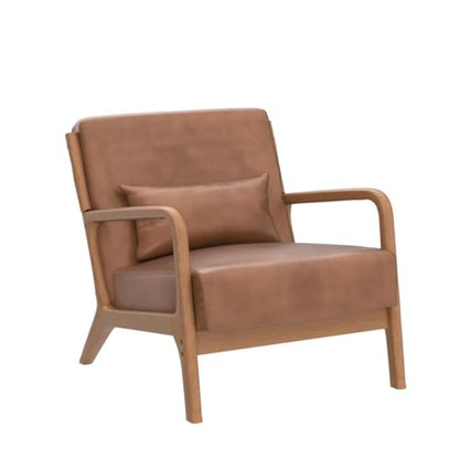 INZOY Mid Century Modern Accent Chair with Wood Frame, PU Leather Reading Armchair with Waist Cushion, Upholstered Living Room Chairs for Bedroom Sunroom (Camel) - color: A-camel