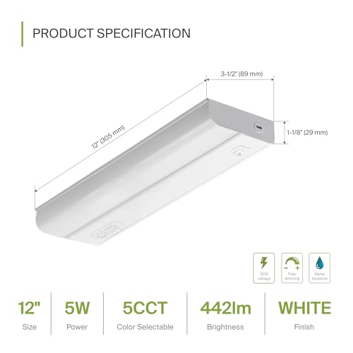 ASD LED Under Cabinet Lighting Hardwired, 12 Inch 5W 2700K-5000K Selectable, 442LM, CRI90+, Direct Wire Linkable Under Counter Lights for Kitchen, Dimmable Under Cabinet Lights, White, UL Certified - color: 12 Inch White, size: 1 Pack