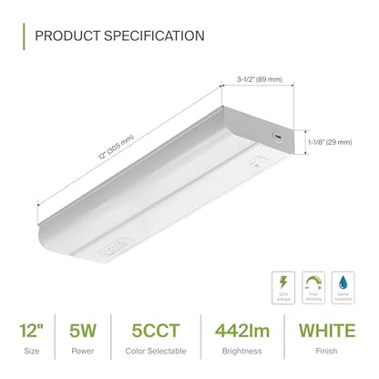 ASD LED Under Cabinet Lighting Hardwired, 12 Inch 5W 2700K-5000K Selectable, 442LM, CRI90+, Direct Wire Linkable Under Counter Lights for Kitchen, Dimmable Under Cabinet Lights, White, UL Certified - color: 12 Inch White, size: 1 Pack