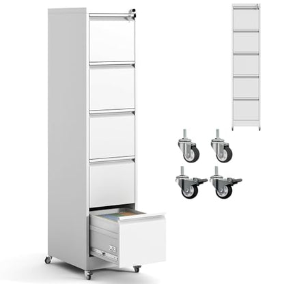 IKIMI 5 Drawer Locking File Cabinet with Wheels,Metal Mobile Filing Cabinet - color: White, size: 5 Drawers with Wheels