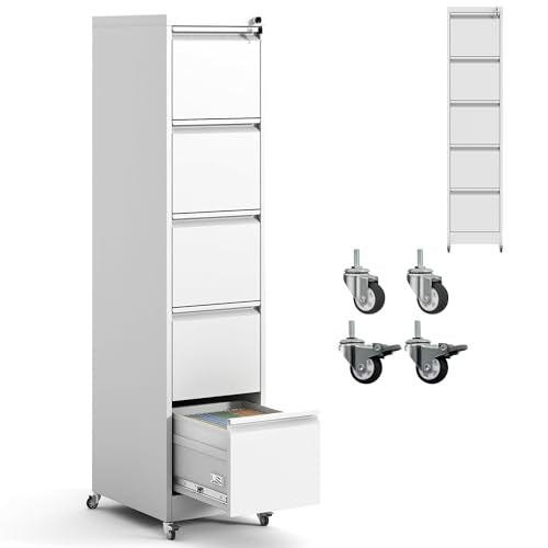IKIMI 5 Drawer Locking File Cabinet with Wheels,Metal Mobile Filing Cabinet - color: White, size: 5 Drawers with Wheels