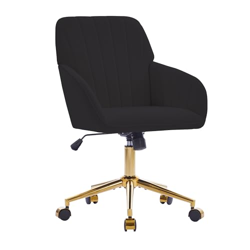 YITAI Velvet Office Desk Chair with Wheels and Gold Base,Modern Height Adjustable 360 Degree Swivel Upholstered Vanity Chairs with Arms for Living Room Bedroom, Study,Black - color: Gold Black