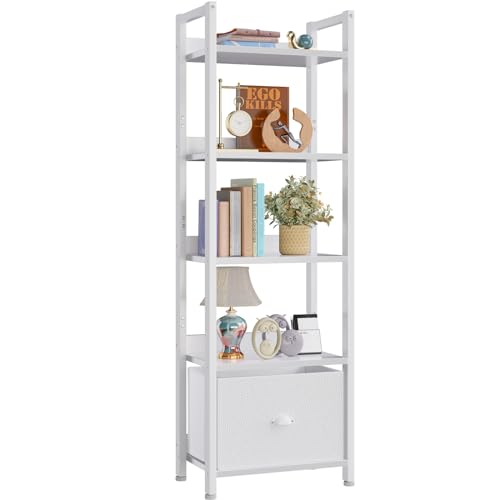 Furologee 5 Tier Bookshelf with Drawer, Tall Narrow Bookcase with Shelves, Wood and Metal Book Shelf Storage Organizer, Modern Display Standing Shelf Unit for Bedroom, Living Room, Office, White - color: White, size: 5 Tier -1 PCS