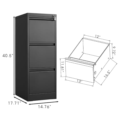 GarveeHome 3 Drawer Vertical File Cabinet with Lock, Black Metal Filing Cabinet with Drawers for Home Office, Lockable Storage Cabinet Hanging Letter Size/Legal Files