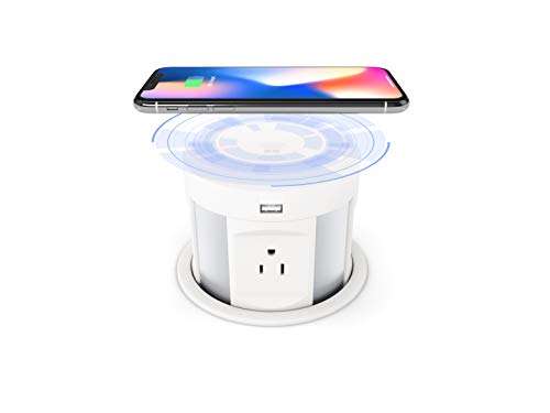 Pop Up Outlet for Countertop, Hidden Recessed Outlet, Power Strip Power Socket with Wireless Charger USB Charging Station, 4 US Plug+2 USB+1 RJ45 Port+1 HDMI Port for Office Conference Kitchen - color: White &Cream Color