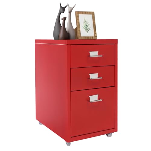 3 Drawers File Cabinet, 16 * 11 * 18.9In Aluminum Alloy Mobile Filing Cabinet Rolling Filing Cabinets Rectangular Storage Cabinets with Lock&4 Wheels for Kitchen Bedroom Living Room (Red) - color: Red