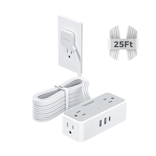 TESSAN Extension Cord 25 FT, Power Strip with 900J Surge Protection, Grey | 4 AC Outlets 1 USB C and 2 USB A Ports, Flat Plug, Multiple Wall Outlet Extender Suitable for Office Dorm - color: Gray, size: 25 FT (1 USB-C, 2 USB-A)