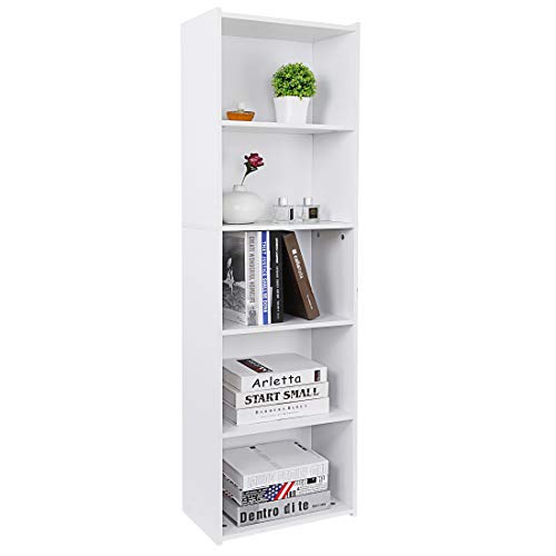 Display Storage Bookcase 5-Tier, Industrial Freestanding Bookshelf for Modern Home Office, Living Room, 52 Inch Open Shelf Rack for Books, Records, Photo Frames and Plants (White)