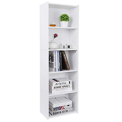 Display Storage Bookcase 5-Tier, Industrial Freestanding Bookshelf for Modern Home Office, Living Room, 52 Inch Open Shelf Rack for Books, Records, Photo Frames and Plants (White)
