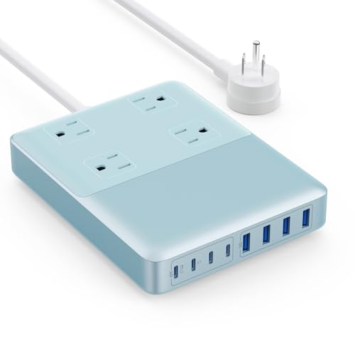 200W Charging Station,12-in-1 USB C Power Strip with Flat Plug and 5ft Extension Cord,4 AC Outlets,4 USB-A,4 USB-C Ports for iPhone 17/16/15,65W PD Fast Laptop Charger for MacBook,Home,Dorm(Sky Blue) - color: Sky Blue
