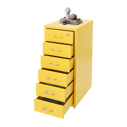 6 Drawers File Cabinet with Lock Rolling Mobile Filing Cabinet with Wheels Under Desk Vertical Filing Cabinet for Office/Home Metal (Yellow) - color: Yellow