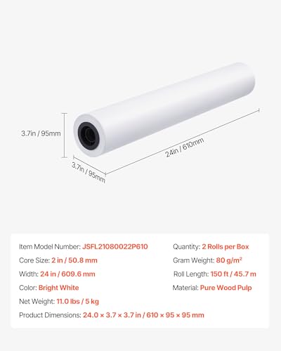 VEVOR Wide Format Paper, 24 in x 150 ft Plotter Roll, 2 Rolls CAD Bond Rolls with 2 in Core, 20 LB Bond Paper Rolls, Ideal for CAD Drawings, Engineering Plans, GIS Maps, and Architectural Designs - size: 24 in x 150 ft, style: 2 Rolls