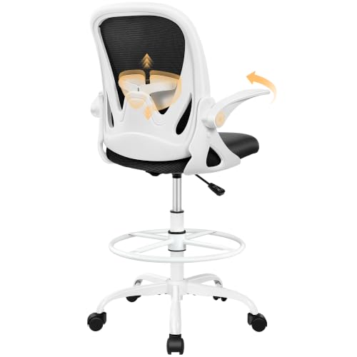 Primy Ergonomic Drafting Chair with Flip-up Armrests Tall Office Chair for Standing Desk Comfortable Desk Chair with Adjustable Footrest Ring and Lumbar Support in Gray Perfect for Home (White) - color: White, size: 934-Z