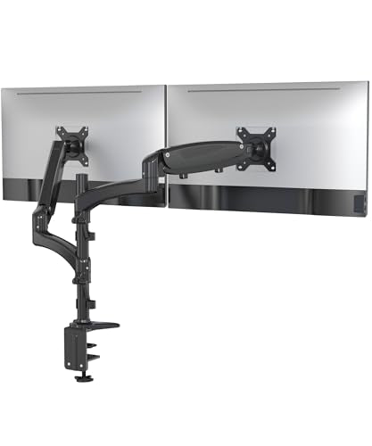 SHOPPINGALL Fully Adjustable Dual Gas Spring LCD Monitor Arm Desk Mount Stand with 2 Swing Arms for Two 15"-32" Monitors, Desk Clamp and Grommet Mounting Options in The Box - SA-GM124D-Black