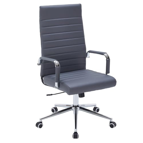 Grey Leather Ribbed Office High-Back Desk Conference Chairs with Wheels | Ergonomic High-Back Executive Chairs with Wheels Adjustable Swivel Computer Task Desk Chair with Arms and Thick Padded Seat - color: Grey, size: High Back