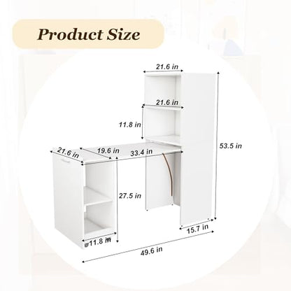 White Wooden Compact Folding Computer Desks for Small Spaces | Foldable Desk with Storage Shelves, Expandable Hidden Murphy Table with Wheels, Space Saving Writing Table for Bedroom - color: White