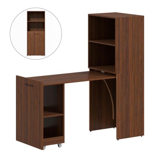 Zevemomo Folding Desk, Convertible Table with Shelves & Wheels - Walnut | Folding Desk with Storage, Craft Cabinet with Fold Out Table, Compact Computer Desk for Small Space, Reversible L Shaped Desk - color: Walnut