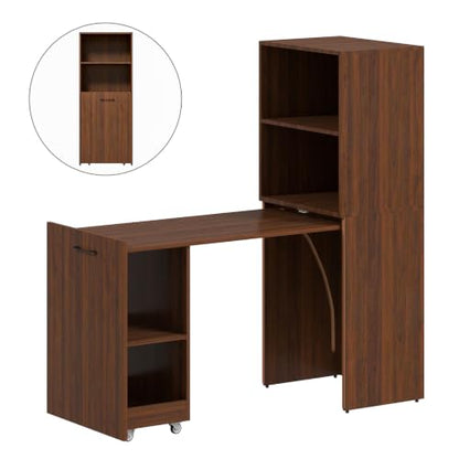 Zevemomo Folding Desk, Convertible Table with Shelves & Wheels - Walnut | Folding Desk with Storage, Craft Cabinet with Fold Out Table, Compact Computer Desk for Small Space, Reversible L Shaped Desk - color: Walnut