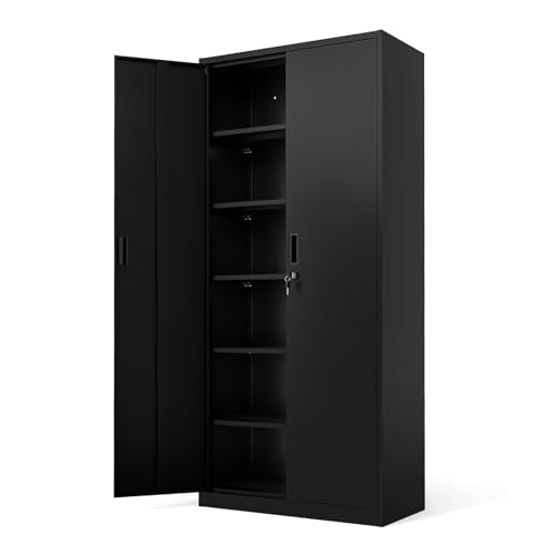VINGLI Metal Garage Storage Cabinet with 2 Doors and 5 Adjustable Shelves, 71" Tall Steel Lockable File Cabinet, Locking Tool Cabinets for Home Office Garage Gym School (Black) - color: Black, size: 71'' Cabinet (5-Shelf)