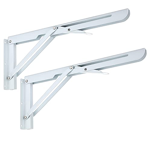 Sumnacon 2 Pcs 14 Inch Folding Shelf Brackets - Heavy Duty Metal Table Shelf Hinges, Wall Mounted Folding Shelf Support Brackets for Livingroom Kitchen Table Desk Bench Home DIY, White - color: White, size: 14 Inch