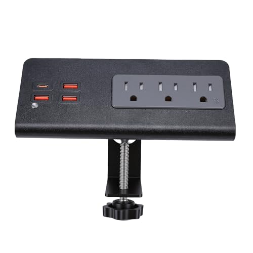 WALFRONT Desk Clamp Power Strip, 3 AC Outlets, 3 USB A, 1 PD 20W USB C Ports Desktop Clamp Power Strip Voltage Protector for Home Hotel and Office Charging (US Plug)