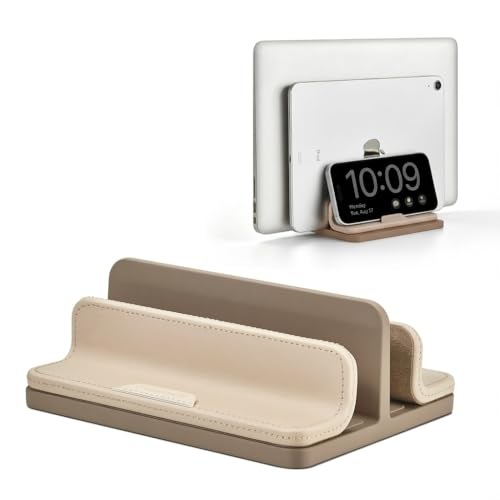 Dual Vertical Laptop Stand, 3 in 1 Upright Desktop Stand Holder with Adjustable Dock (Up to 17.3''), Leather Laptop Rack Storage Desk Organizer for Phone, Tablet, MacBook/HP/Dell/Chrome Book (Apricot) - color: Apricot