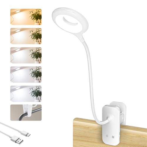 CUHIOY Rechargeable Clip on Reading Light for Bed Headboard, White, 1 Pack | Battery Clamp Bunk Bed Light, 5 Colors 5 Brightness Flexible Neck Desk Lamp, Flicker-Free Touch Control Kids Book Light - style: 1Pack White