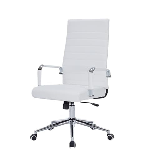 White Leather Ribbed Office High-Back Desk Conference Chairs with Wheels | Ergonomic High-Back Executive Chairs with Wheels Adjustable Swivel Computer Task Desk Chair with Arms and Thick Padded Seat - color: White, size: High Back