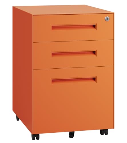 Dripex 3 Drawer Metal Rolling File Cabinet Under Desk Filing Cabinet Orange | 15"W x 18"D x 24"H, Lockable, 5 Wheels, Fully Assembled, Letter/Legal Size, Suitable for Home Office - color: Orange
