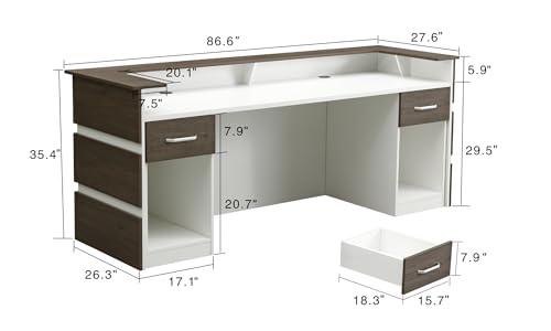 Mares 87" Wood Office Reception Desk Counter & Drawers w/Telescopic Rails & Chrome Handles | Cable Grommet Holes | Option to Add Logo | Front Table Furniture Nail Hair Beauty Salon Spa Restaurant - color: Dark Brown