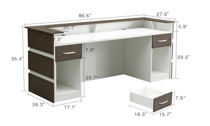 Mares 87" Wood Office Reception Desk Counter & Drawers w/Telescopic Rails & Chrome Handles | Cable Grommet Holes | Option to Add Logo | Front Table Furniture Nail Hair Beauty Salon Spa Restaurant - color: Dark Brown