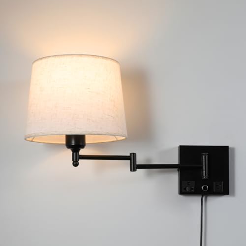 Swing Arm Wall Sconce with Linen Fabric Shade, USB-A & USB-C Charging Ports, Built-in AC Outlet & Rotary Dimmer, Plug-in Adjustable Reading Wall Lamp for Bedside Bedroom Hotel