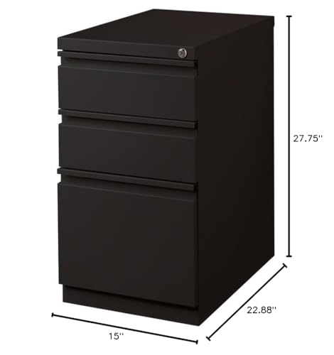 Pemberly Row Mobile 3-Drawer Filing Cabinet, 23" D, Steel, Black, Box/Box/File, Full Extension Drawers, Hidden Casters, Lockable, Letter-Size Hanging File Storage, Commercial Office Use - color: Black