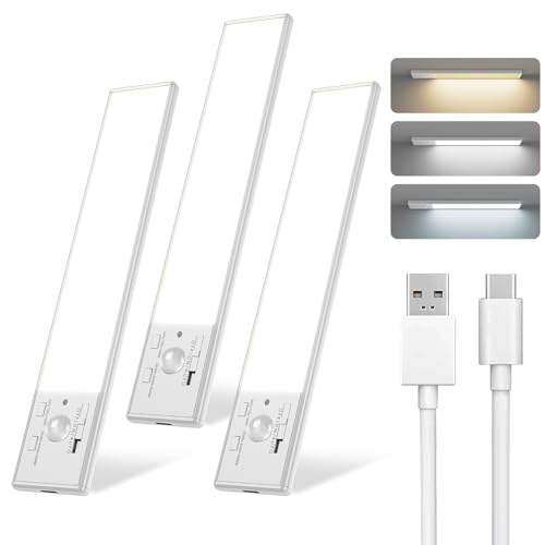 Under Cabinet Lighting, 12 Inch Motion Sensor Light Indoor, 1800mAh USB Rechargeable Closet Light, 3 Color Temperature Operable LED Lights, Can Be Used for Wardrobes, Cabinets, Stairs (3 Pack)