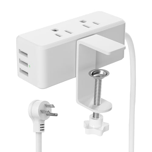 Desk Clamp Power Strip - Compact Desk Edge Mount Outlet,6 AC Outlets,3 USB-A Ports,Desktop Plug Power Station,Fit 2.4" Tabletop Edge,Table Leg.6.5ft Extension Cord,Flat Plug,White