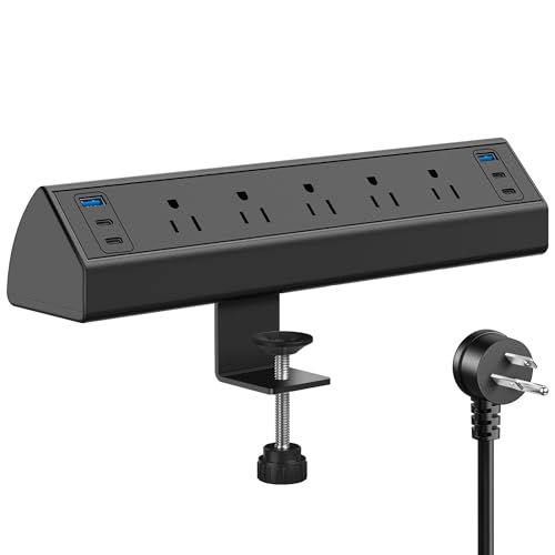 Desk Clamp Power Strip USB C,Under Desk Mount Power Station,20W Fast Charging,Fits 1.9'' Tabletop Edge,Desk Surge Protector,Perfect Home,Office Supplies (Black, 5 Outlets & 6 USB Ports & 10 FT Cable)