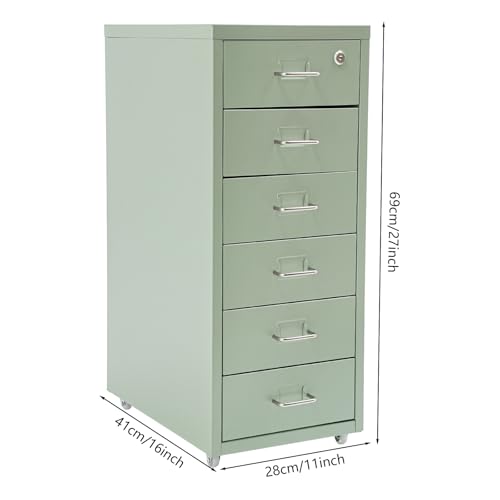 6 Drawers File Cabinet with Lock Rolling Mobile Filing Cabinet with Wheels Under Desk Vertical Filing Cabinet for Office/Home Metal (Cream Green) - color: Cream Green