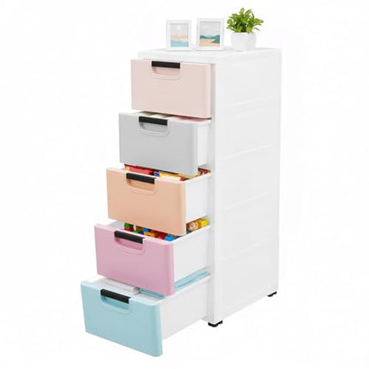 Narrow Storage Cabinet, Slim Drawer Organizer, 5 Drawer Storage Cabinet, Plastic Storage Tower With Wheels, Space Saving Organizer For Bedroom Closet Bathroom Kitchen Office, Stackable Design