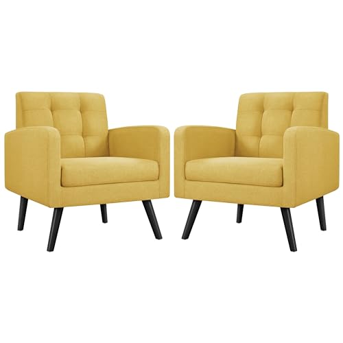 Yaheetech Mid Century Accent Chairs Set of 2 Living Room Chairs Yellow | Linen-Like Upholstered Sillones Para Sala, Modern Reading Nook Chairs, Button Tufted Back, Rubberwood Legs, Bedroom Office - color: Yellow, size: set of 2