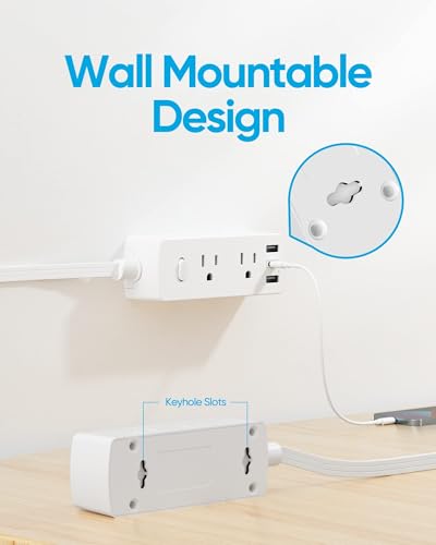 Flat Plug Power Strip with 5 FT Extension Cord, 6 Outlets 3 USB Ports(1 USB C), 3 Sided Outlet Extender for Home Office Travel Dorm Room Essentials, White
