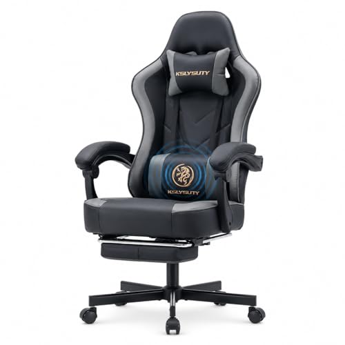 Office Desk Computer Gaming Chair for Adults, Ergonomic High Back Gamer Chair with Massage and Pocket Spring Cushion, Swivel Comfy Video Game Chairs with Footrest and Lumbar Support (Black Grey) - color: Base Grey Leather