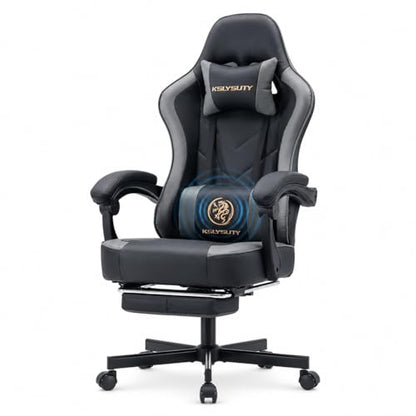Office Desk Computer Gaming Chair for Adults, Ergonomic High Back Gamer Chair with Massage and Pocket Spring Cushion, Swivel Comfy Video Game Chairs with Footrest and Lumbar Support (Black Grey) - color: Base Grey Leather