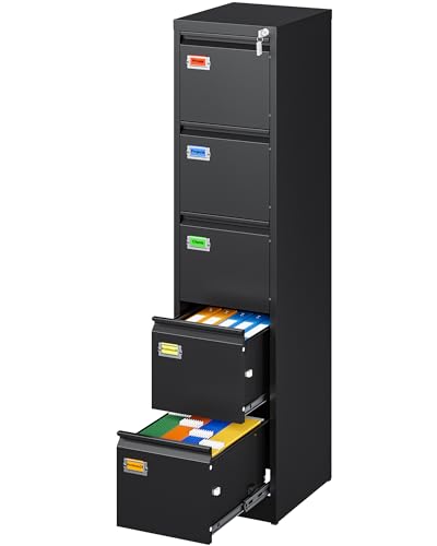 PEUKC 5-Drawer File Cabinet, 16.3" Deep Vertical Metal Filing Cabinet with Lock for Home Office, Anti-Tip 5 Storage Drawers for Letter/Legal/A4/F4 Size (Assemble Required, Black) - color: Black, size: 64.4"H
