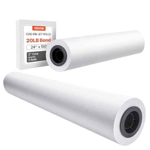 VEVOR Wide Format Paper, 24 in x 150 ft Plotter Roll, 2 Rolls CAD Bond Rolls with 2 in Core, 20 LB Bond Paper Rolls, Ideal for CAD Drawings, Engineering Plans, GIS Maps, and Architectural Designs - size: 24 in x 150 ft, style: 2 Rolls
