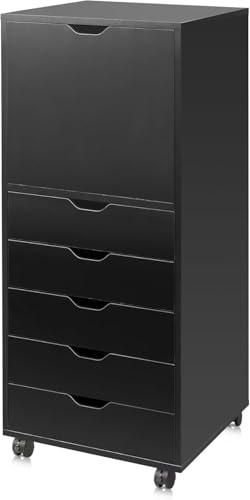 DEVAISE 5 Drawer Cabinet with 1 Door, Mobile Office File Cabinet, Black | Wood Rolling Cart, Filing Drawers, Craft Storage Drawer Cabinet, Printer Stand, Home Office - color: Black, size: 15.7"D x 18.7"W x 41.1"H