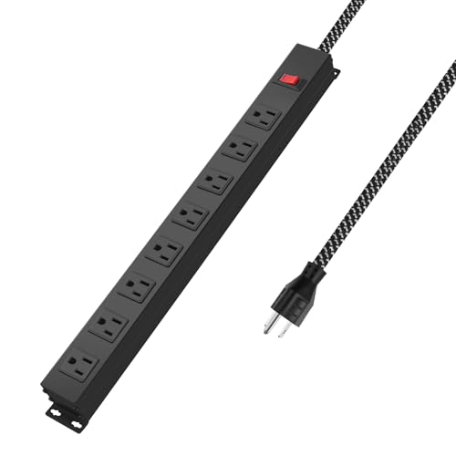 8 Outlet Metal Power Strip with Switch 1200J 3FT 14AWG Braided Cord | Wide Spaced Moutable for Home Office Industrial Garage Commercial - color: Black, size: 3ft Cord