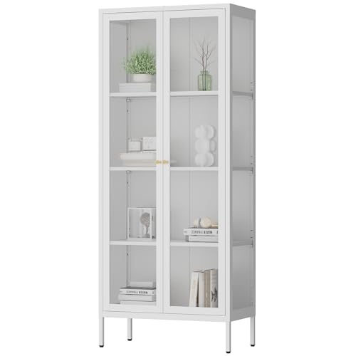 Polup 66" White Glass Display Cabinet, 3-Side Clear View for Collectibles | Steel Frame & Tempered Glass Doors, Magnetic Closure, 4-Tier Space, 3 Adjustable Shelves, for Books & Figures - color: White, size: 66"H-No Light