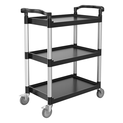 VEVOR Utility Cart, 300 lbs Load Capacity, 3-Tier Utility Plastic Cart with 360° Swivel Wheels (2 with Brakes), 24.4 x 16.1-inch Food Service Cart for Warehouse, Office, Home, Restaurant, Kitchen - style: 3 Tier-300LBS